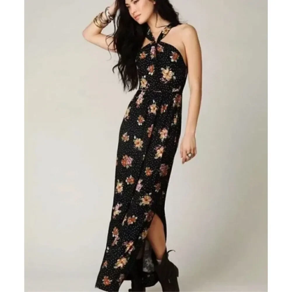 Free People Women's Maxi Dress Size SP Floral Print Sleeveless Cross Straps Boho